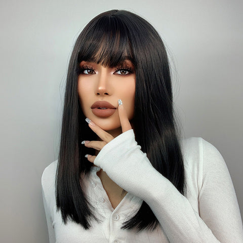 【Melody Picked】Haircube Middle Long Black Bob Straight Synthetic Wigs with Bang LC342-1