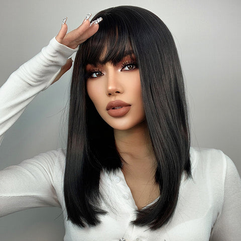 【Melody Picked】Haircube Middle Long Black Bob Straight Synthetic Wigs with Bang LC342-1
