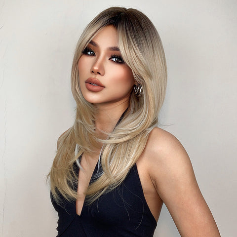 【YW87】long Staight Ash Blonde Wigs for Women,Layered Synthetic Hair Wig for Daily Party LC259-3