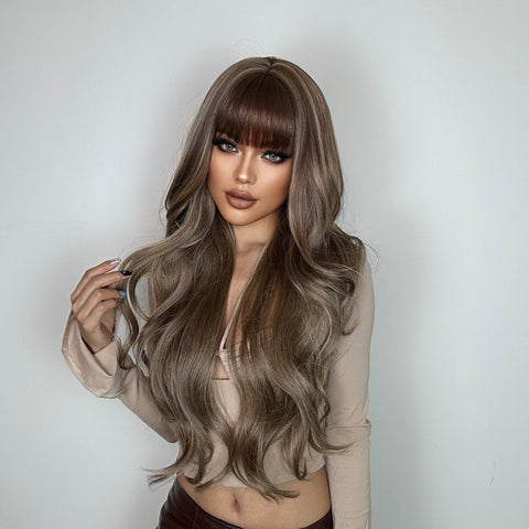 【[Linn]】Black with Brown Highlight Wig Straight Middle Part 28 Inch LC1026-1