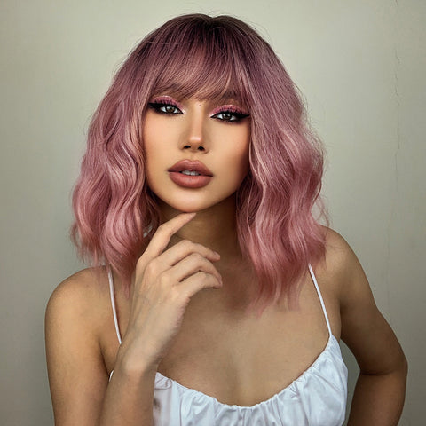 【Erica 2】Haircube 14 Inch Short Ombre Pink Wavy Curly Bob Wig LC032-1