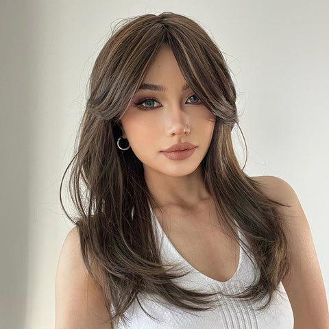 【YW78】18 inches natural brown side part layered long straight wigs for women dailywear
