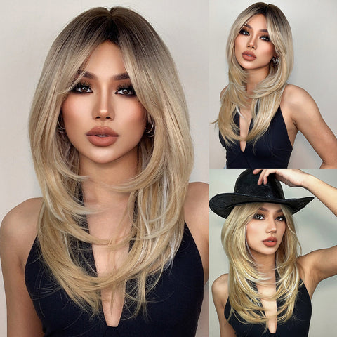 【YW87】long Staight Ash Blonde Wigs for Women,Layered Synthetic Hair Wig for Daily Party LC259-3
