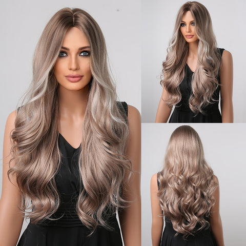 【Peachy 8】Grayish Brown Long Wavy Curly Wig Heat Resistant Synthetic Wig  LC1001-1