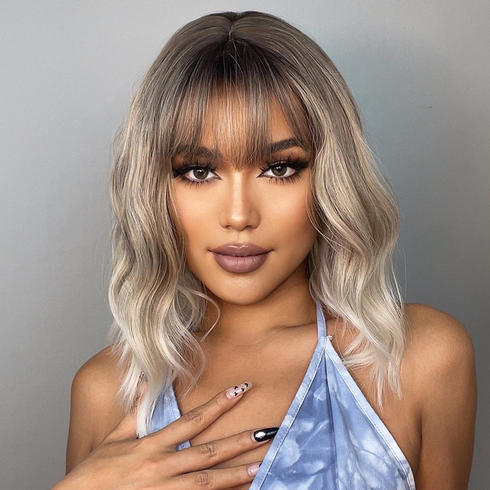【WAVES】21 inch Short Ombre Gray Slight Wavy Curly Bob Wig with Bang  LC030-1