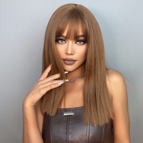 NEW ARRIVAL!!!【Gaby 20】🔥BUY 3 WIG PAY 2 WIG🔥 Long Brown Straight Wavy Synthetic Wigs with Bangs LC6047-1