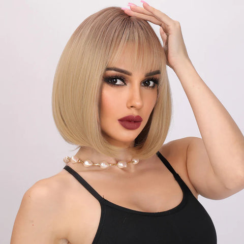 【WAVES】Haircube Short Ombre Brown Bob Straight Synthetic Wigs with Bang SS167-1