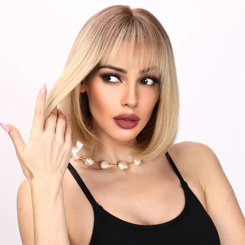 【WAVES】Haircube Short Ombre Brown Bob Straight Synthetic Wigs with Bang SS167-1