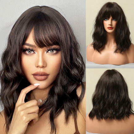 【Erica 5】14 inch Short Brown Bob Wavy Curly Wig with Bang  14 Inch  LC210-4