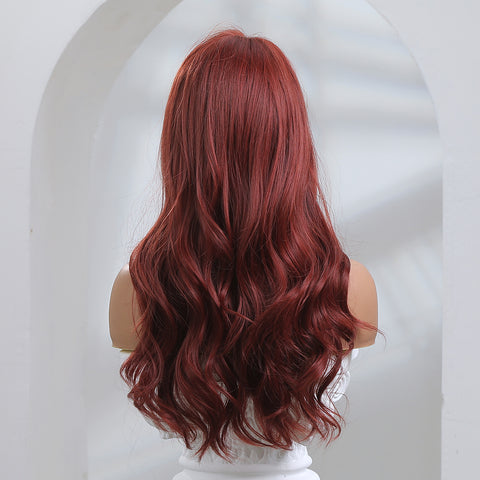 【WAVES】26 inch Long Red Wavy Curly Wig with Bang Heat Resistant Synthetic Wig  LC8029