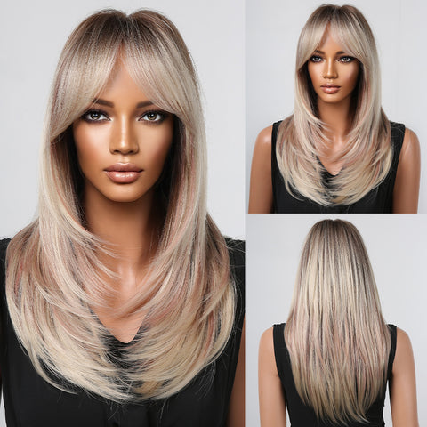 【Ellie 15】BUY 3 wigs pay 2 wigs 20 Inches Long Straight Blonde Synthetic Wigs with Bangs Women's LC2068-12
