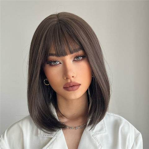 【YW71】16 inch long straight Bob brown black synthetic wig with bangs Women’s wig SS189-1