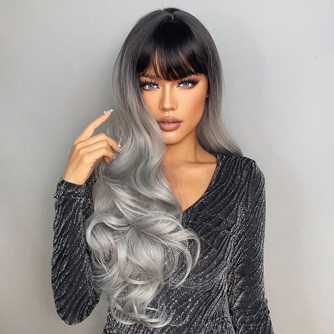 【Luna 68】 Brown Ombre Gray Long Wavy Wigs with bangs 28 Inches LC6109-1
