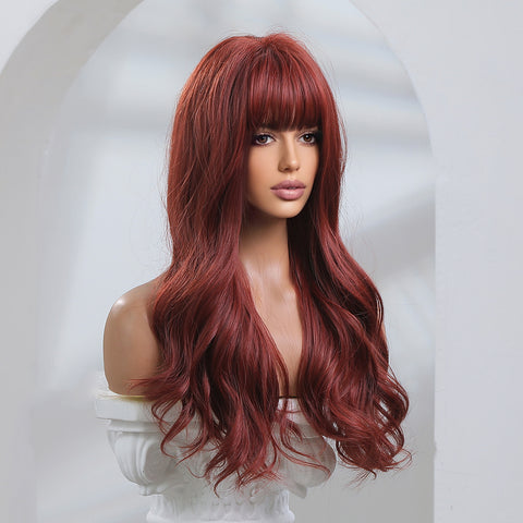 【WAVES】26 inch Long Red Wavy Curly Wig with Bang Heat Resistant Synthetic Wig  LC8029