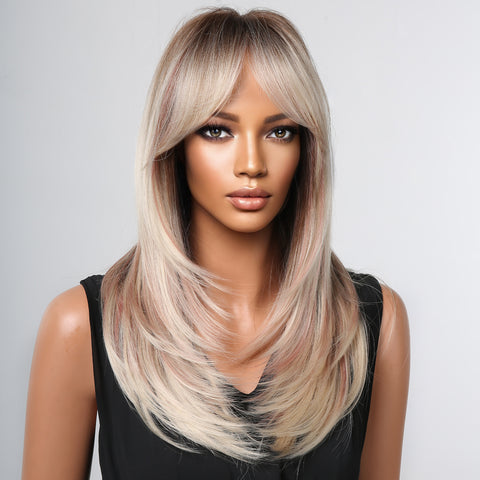 【Ellie 15】BUY 3 wigs pay 2 wigs 20 Inches Long Straight Blonde Synthetic Wigs with Bangs Women's LC2068-12