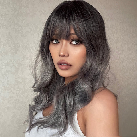 【YW54】Long curly wigs black ombre grey with bangs wigs for women for daily life LC6057-1