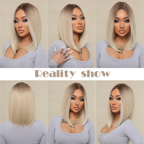 【YW99】lace front 14 Inch short straight bobo lace front wigs black ombre blonde wigs