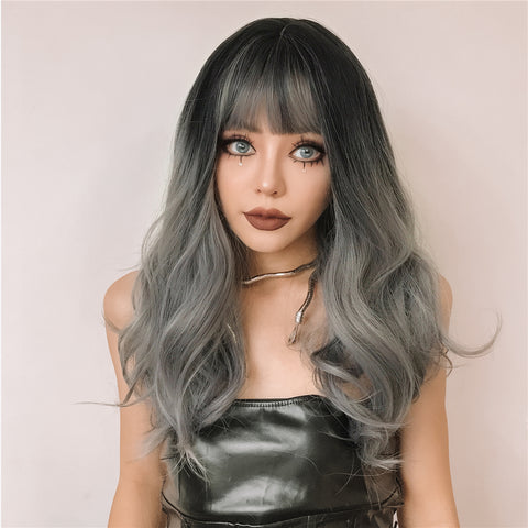 【WAVES】26 inch Long Ombre Gray Wavy Wig with Bang LC6057