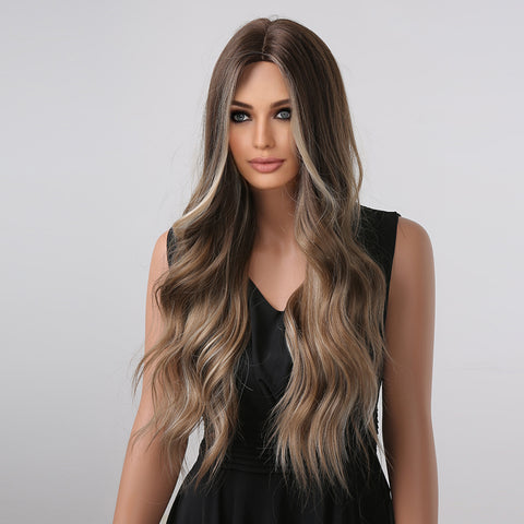 【Peachy 76】Light Brown with Gray Highlight Long Wavy Wig  LC1004-1