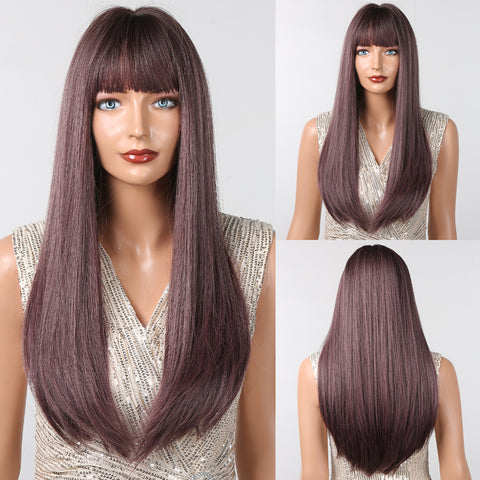 【Ellie 30】BUY 3 wigs pay 2 wigs 26 Inches Long Brown Wigs with Bangs Synthetic Wigs  LC2096-4