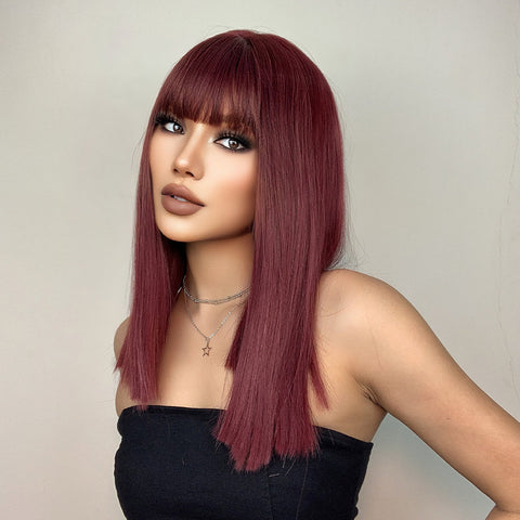 【WAVES】18 inch Short Wine Red Straight Wig with Bang Synthetic Heat  LC477