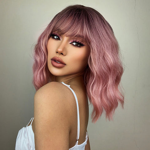 【Erica 2】Haircube 14 Inch Short Ombre Pink Wavy Curly Bob Wig LC032-1