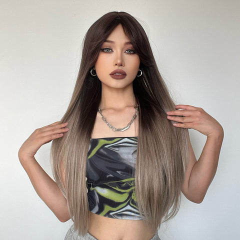 【Ellie 27】BUY 3 wigs pay 2 wigs 26 inch Long straight brown ombre blonde wigs with bangs wigs LC267