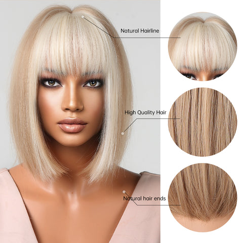 【Ellie 1】BUY 3 wigs pay 2 wigs 12 Inches Short Straight Blonde Bobo Wigs with Ivory Bangs Synthetic Wigs LC2080-10