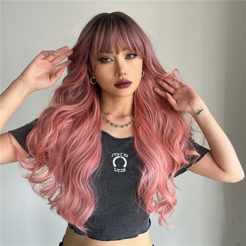 【Ellie 53】BUY 3 wigs pay 2 wigs Long curly wigs black ombre pink with bangs wigs for women for daily life LC6018-1