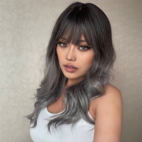 【YW54】Long curly wigs black ombre grey with bangs wigs for women for daily life LC6057-1