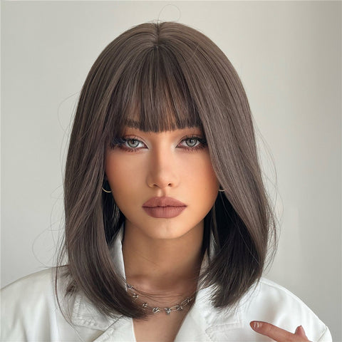 【YW71】16 inch long straight Bob brown black synthetic wig with bangs Women’s wig SS189-1