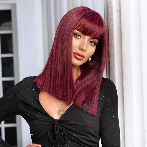【Erica 8】18 inch Short Wine Red Straight Wig with Bang Synthetic Heat  LC477