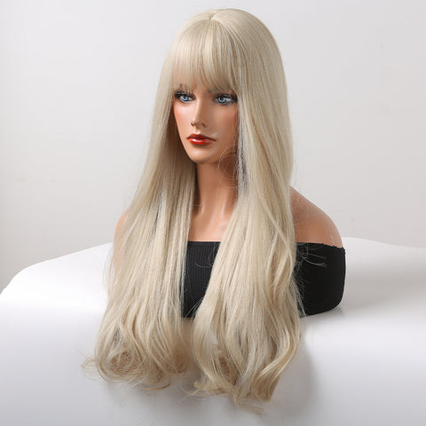 【Ellie 19】BUY 3 wigs pay 2 wigs 24 Inch Long Platinum Wavy Wig With Bangs Synthetic Heat Resistant Wig LC5038-1