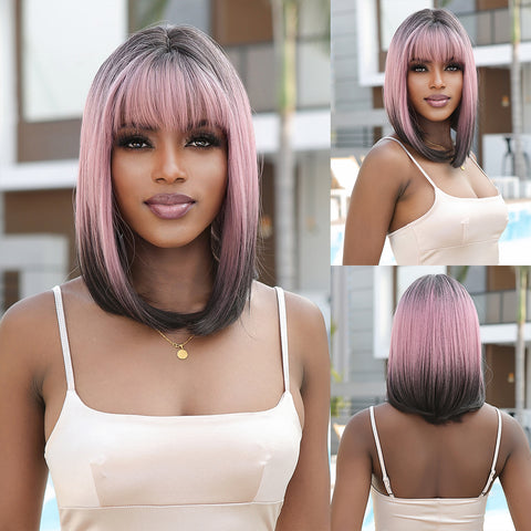 🔥NEW ARRIVAL!!!🔥【YW30】16 Inches Long Straight Pink Gradient Black Wigs with Bangs Synthetic Wigs WL1121-1
