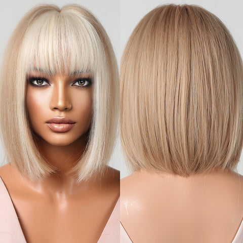 【Ellie 1】BUY 3 wigs pay 2 wigs 12 Inches Short Straight Blonde Bobo Wigs with Ivory Bangs Synthetic Wigs LC2080-10