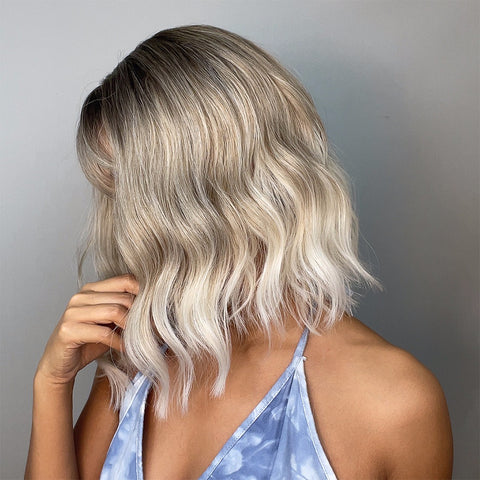 【WAVES】21 inch Short Ombre Gray Slight Wavy Curly Bob Wig with Bang  LC030-1