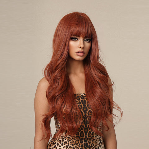 [Daisy] 26 inches Long Curly Red Brown Wigs with Bangs Synthetic Wigs for Women Daily Use Party or Cosplay LC2097-5