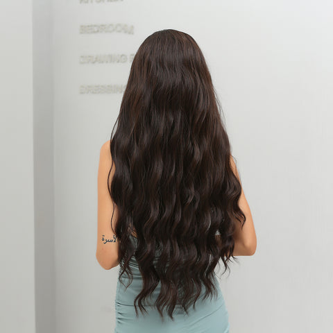 【WAVES】26 Inch Long Dark Brown Wavy Wig Middle Part LC5036-1