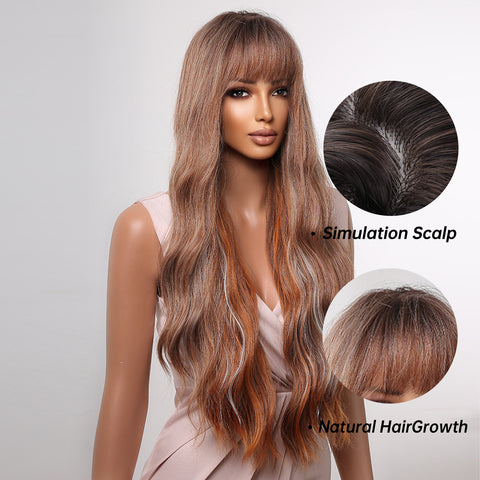 【Erica 11】 Long Brown Mixed Gray Wavy Wig for Women LC2059-1