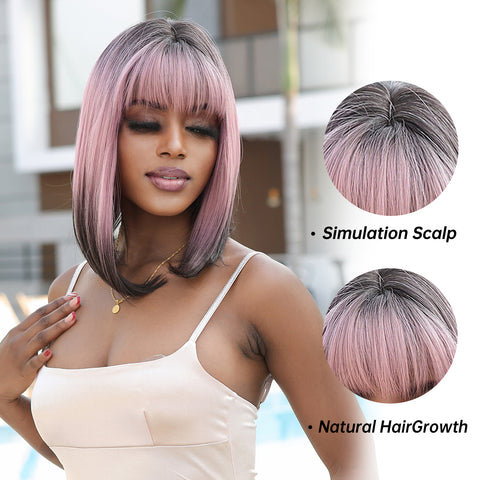 🔥NEW ARRIVAL!!!🔥【YW30】16 Inches Long Straight Pink Gradient Black Wigs with Bangs Synthetic Wigs WL1121-1