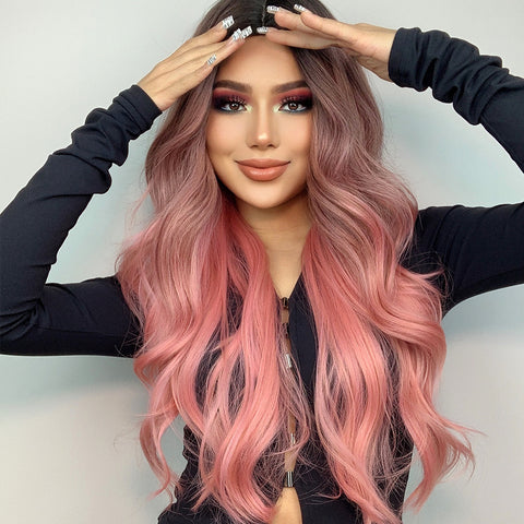 【Melody Picked】Haircube Long Ombre Pink Wavy Synthetic wigs LC313-1