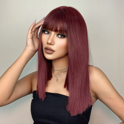 【WAVES】18 inch Short Wine Red Straight Wig with Bang Synthetic Heat  LC477