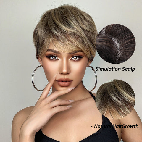 NEW ARRIVAL!!!【Gaby 39】🔥BUY 3 WIG PAY 2 WIG🔥Short Ombre Brown Pixie Cut Wig Heat Resistant Synthetic Wig  10 Inch  SS127-1