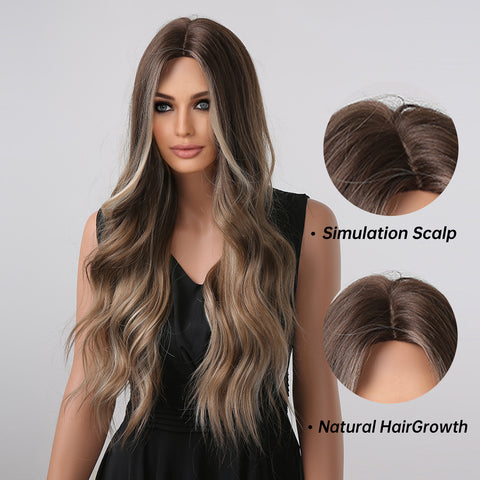 【Peachy 76】Light Brown with Gray Highlight Long Wavy Wig  LC1004-1
