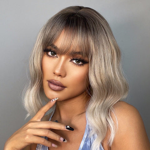 【Erica 3】21 inch Short Ombre Gray Slight Wavy Curly Bob Wig with Bang  LC030-1