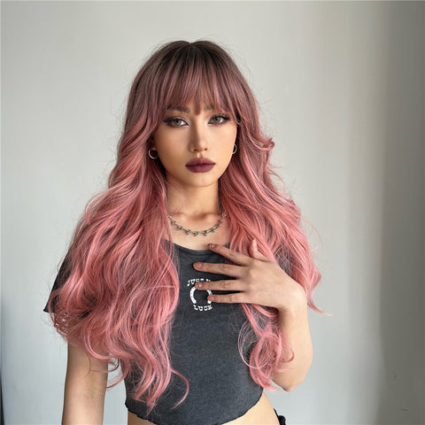 【Ellie 53】BUY 3 wigs pay 2 wigs Long curly wigs black ombre pink with bangs wigs for women for daily life LC6018-1