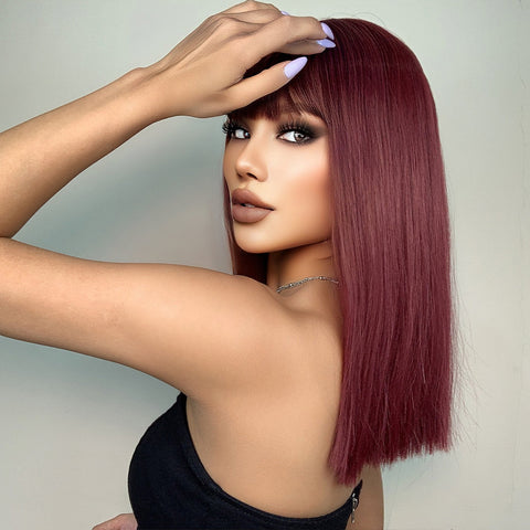 【Melody Picked】Haircube Short Wine Red Straight Wig with Bang Synthetic Heat  LC477