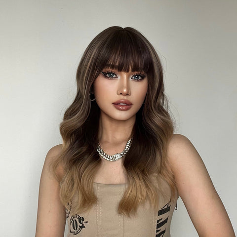 【WAVES】Haircube Long Ombre Brown Wavy Synthetic Wigs with Bangs LC6090-1
