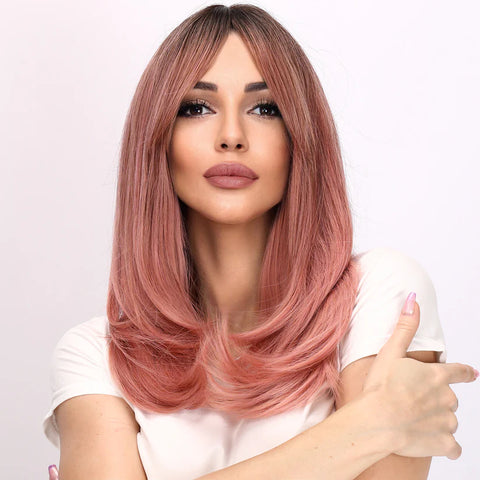 【WAVES】22 Inch Ombre Pink Short Wig with Middle Part Bang  LC8055