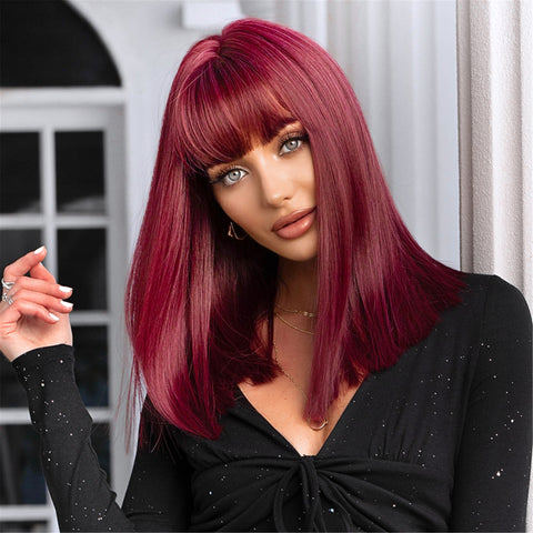 【Erica 8】18 inch Short Wine Red Straight Wig with Bang Synthetic Heat  LC477